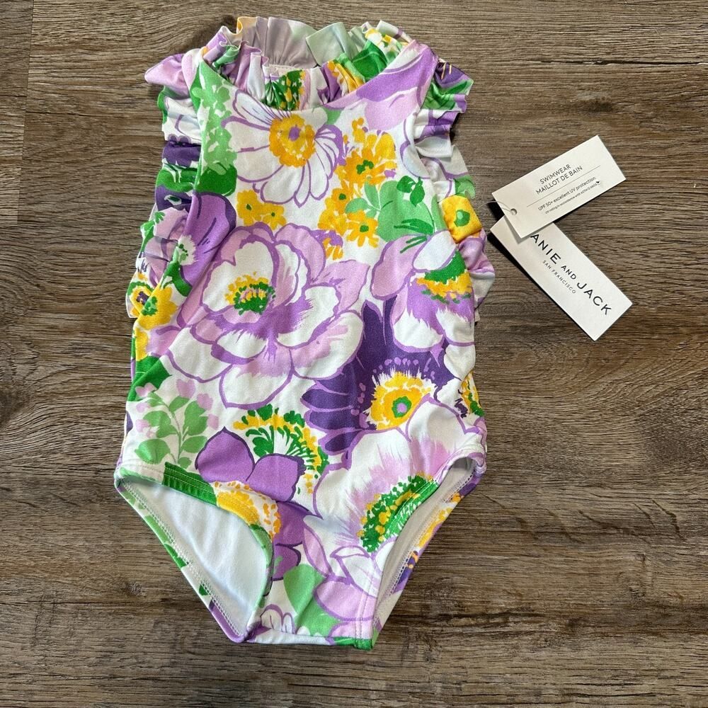 Janie and Jack Girls 6-12 Months Floral Swimsuit One Piece Ruffle Swim Purple